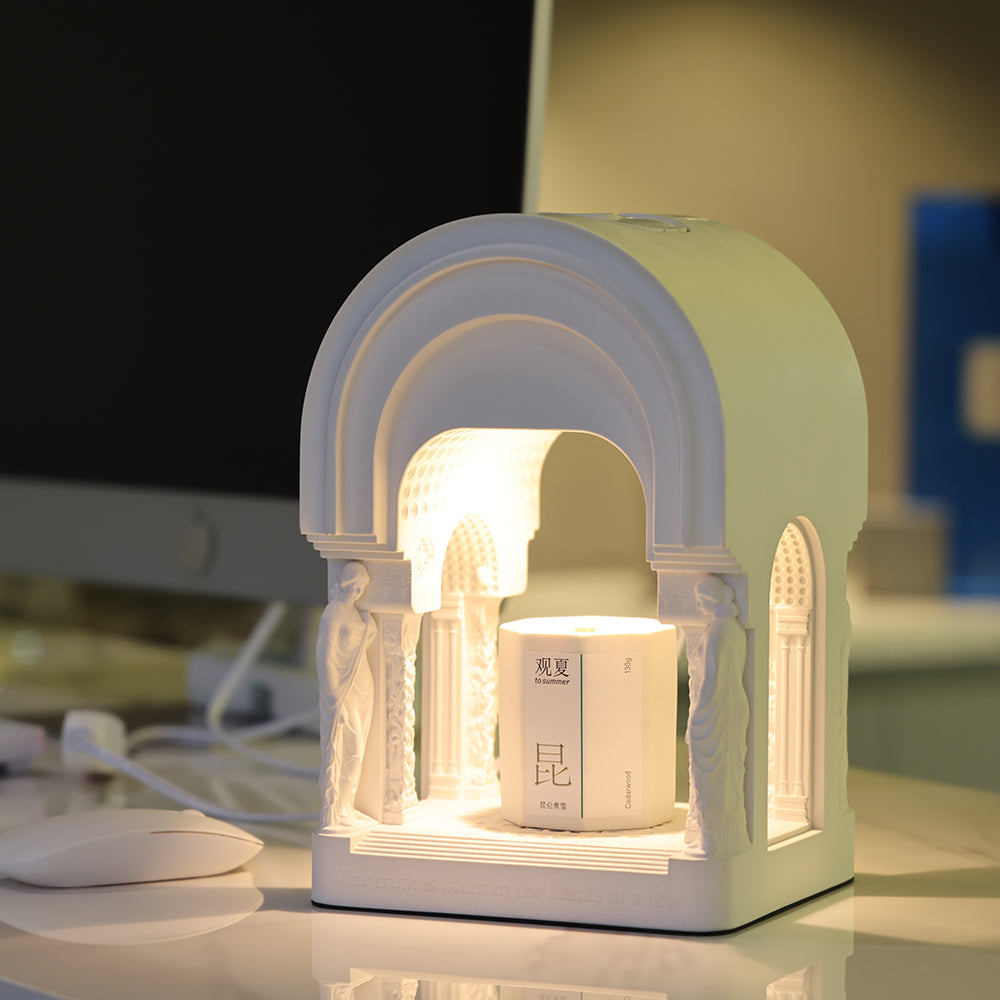 Round Temple Candle Warmer Lamp – Sculptural Gypsum Fragrance Light by Squircle Decor