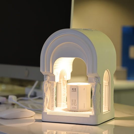 Round Temple Candle Warmer Lamp – Sculptural Gypsum Fragrance Light by Squircle Decor