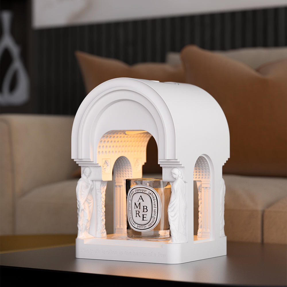 Round Temple Candle Warmer Lamp – Sculptural Gypsum Fragrance Light by Squircle Decor