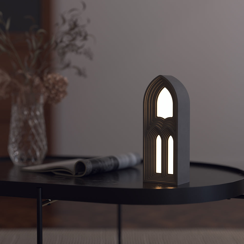 Gothic Church Table Lamp – Handcrafted Concrete Light by Squircle Decor